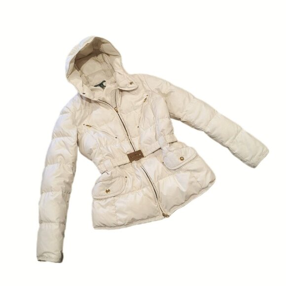 Lauren Ralph Lauren Women's Hooded Puffer Belted Down Jacket Coat Cream Sz Small - Picture 1 of 16